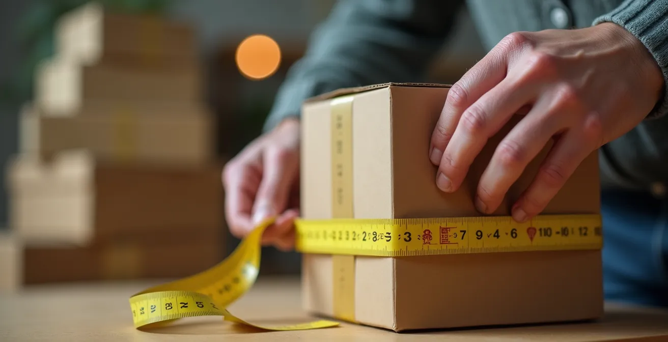 Gros plan sur des mains mesurant un carton de déménagement avec un mètre ruban