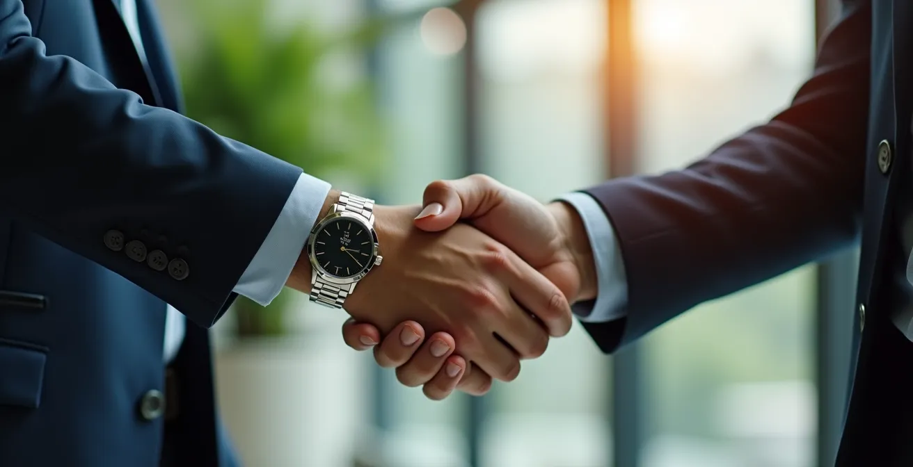 Poignée de main professionnelle dans un bureau moderne avec lumière naturelle