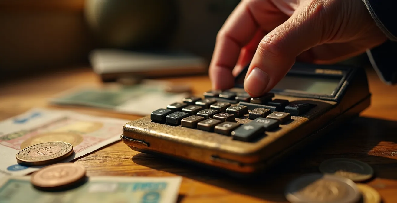 Main analysant des factures avec une calculatrice sur bureau en bois